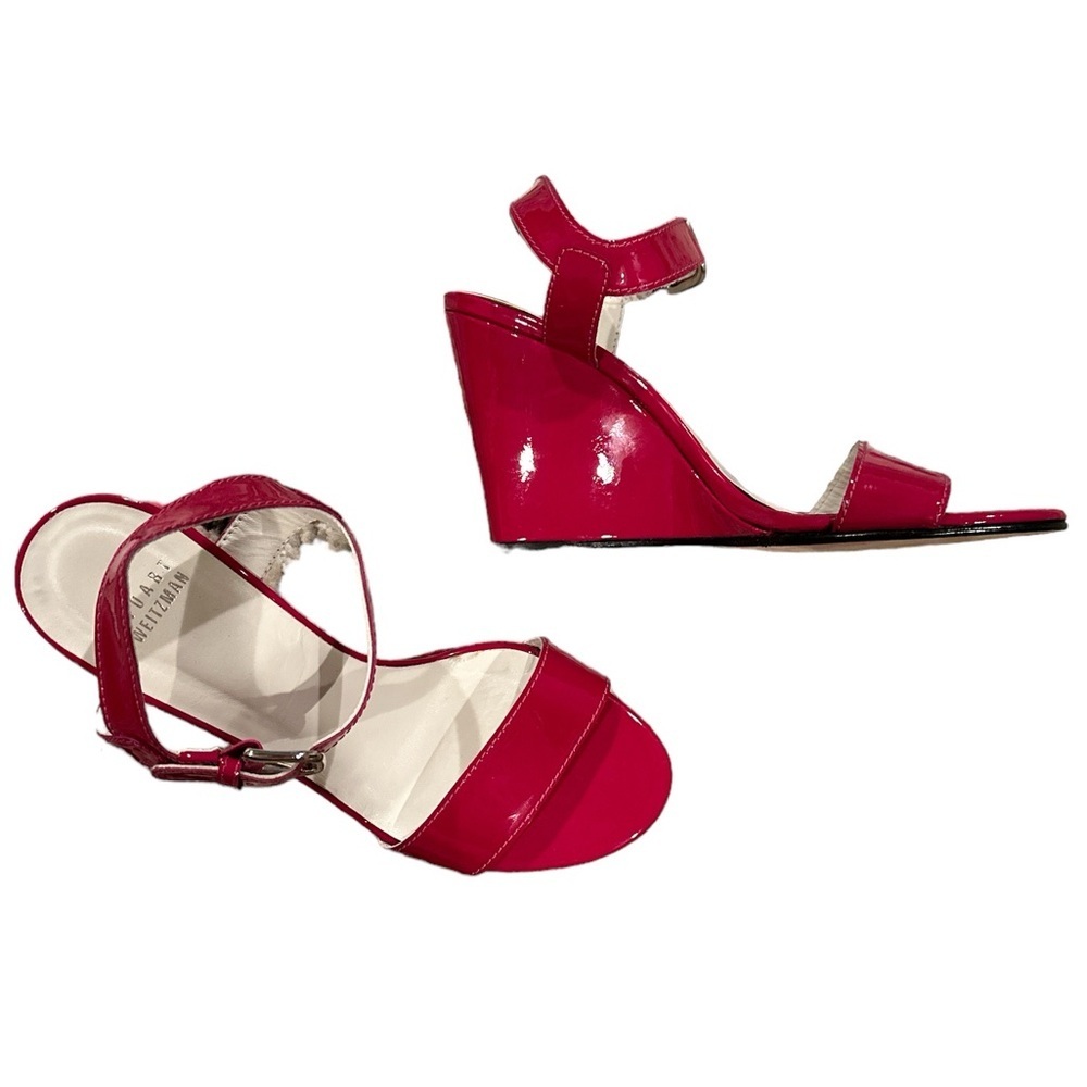 STUART WEITZMAN RED PATENT LEATHER WEDGE ANKLE STRAP SANDAL SHOES 7.5